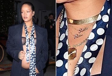 Pregnant Rihanna stuns in a sheer bra, showing off her baby bump and necklaces with her sons’ names.