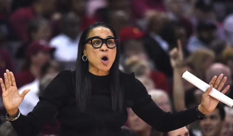 Dawn Staley stays composed after ending UConn’s undefeated run, while Geno Auriemma responds to the tense exchange.