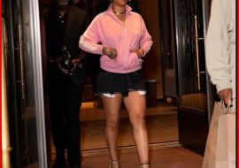 Rihanna looks effortlessly chic in a £2,250 pink Miu Miu jacket as she steps out of her New York hotel with A$AP Rocky and their daughter, Rocki.￼￼￼￼