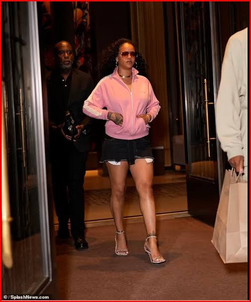 Rihanna looks effortlessly chic in a £2,250 pink Miu Miu jacket as she steps out of her New York hotel with A$AP Rocky and their daughter, Rocki.￼￼￼￼
